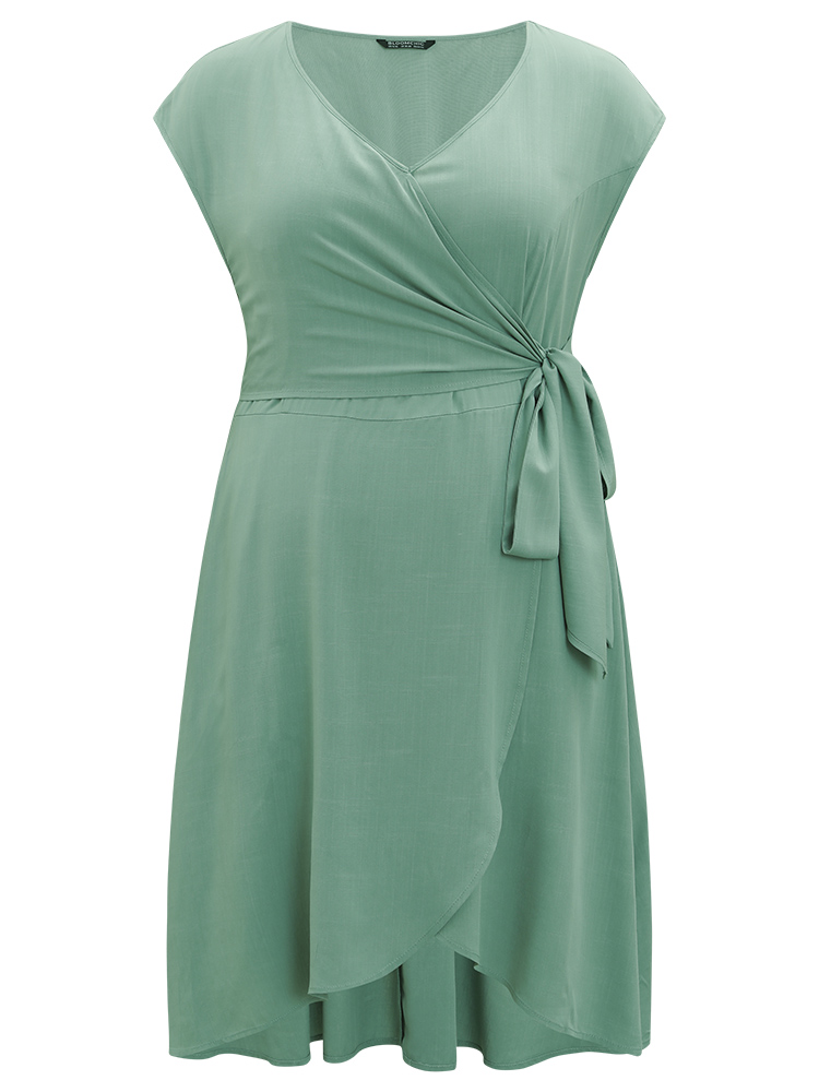 

Plus Size Supersoft Essentials Solid Knot Wrap Hem Cap Sleeve Dress LightGreen Women Elegant Wrap V-neck Cap Sleeve Curvy Midi Dress BloomChic