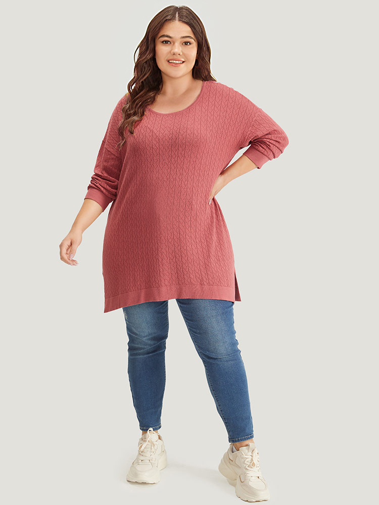 

Plus Size Supersoft Essentials Geometric Split Side Loose Pullover Russet Women Casual Loose Long Sleeve Round Neck Everyday Pullovers BloomChic