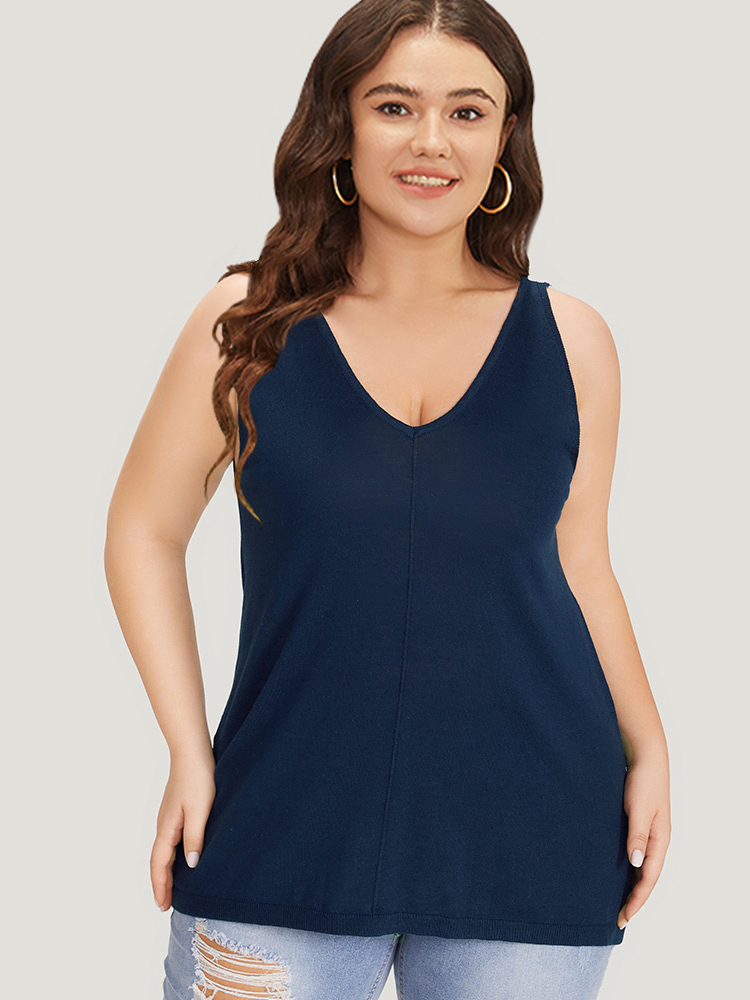 

Plus Size Supersoft Essentials Solid Patchwork Sleeveless Pullover Indigo Women Casual Loose Sleeveless V-neck Everyday Pullovers BloomChic