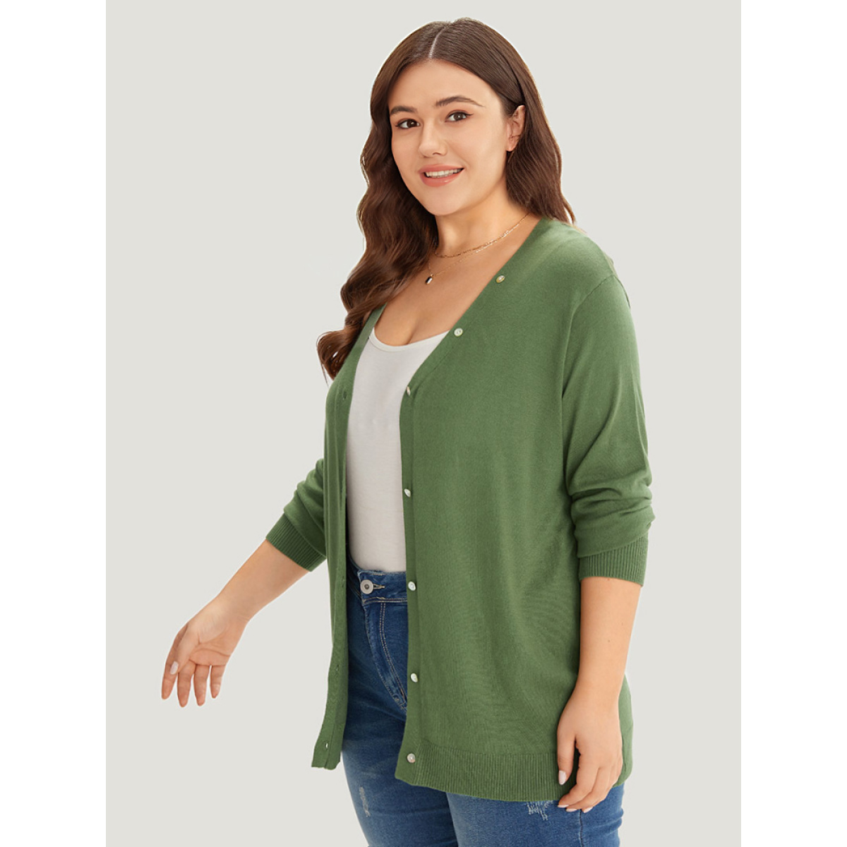 

Plus Size Supersoft Essentials Plain Button Detail Very Stretchy Cardigan Moss Women Casual Loose Long Sleeve Everyday Cardigans BloomChic