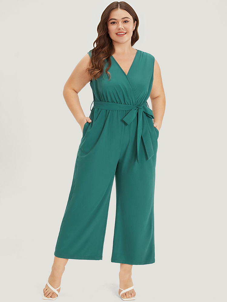 Plus Size Women Dailywear Plain Wrap Regular Pocket Belt Elegant Jumpsuits BloomChic 