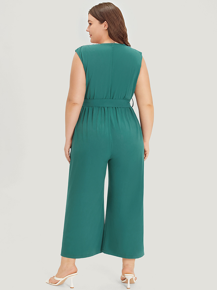 Plus Size Women Dailywear Plain Wrap Regular Pocket Belt Elegant Jumpsuits BloomChic 