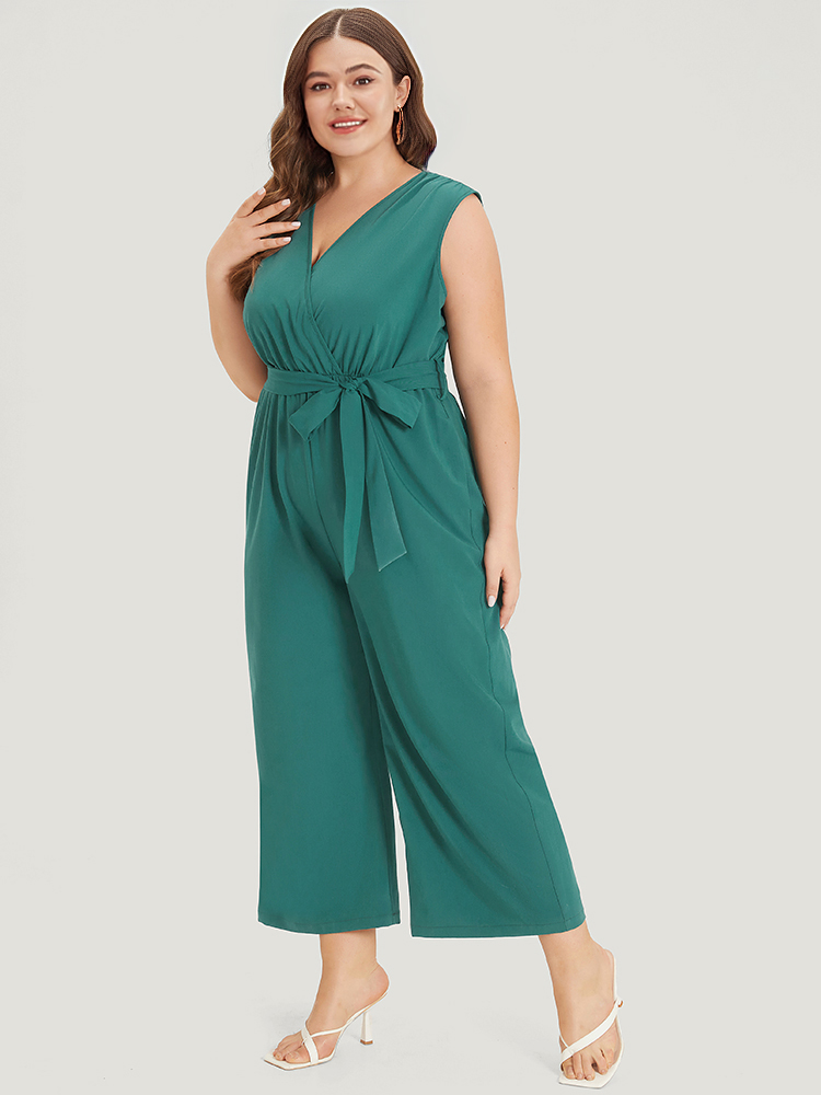 Plus Size Women Dailywear Plain Wrap Regular Pocket Belt Elegant Jumpsuits BloomChic 