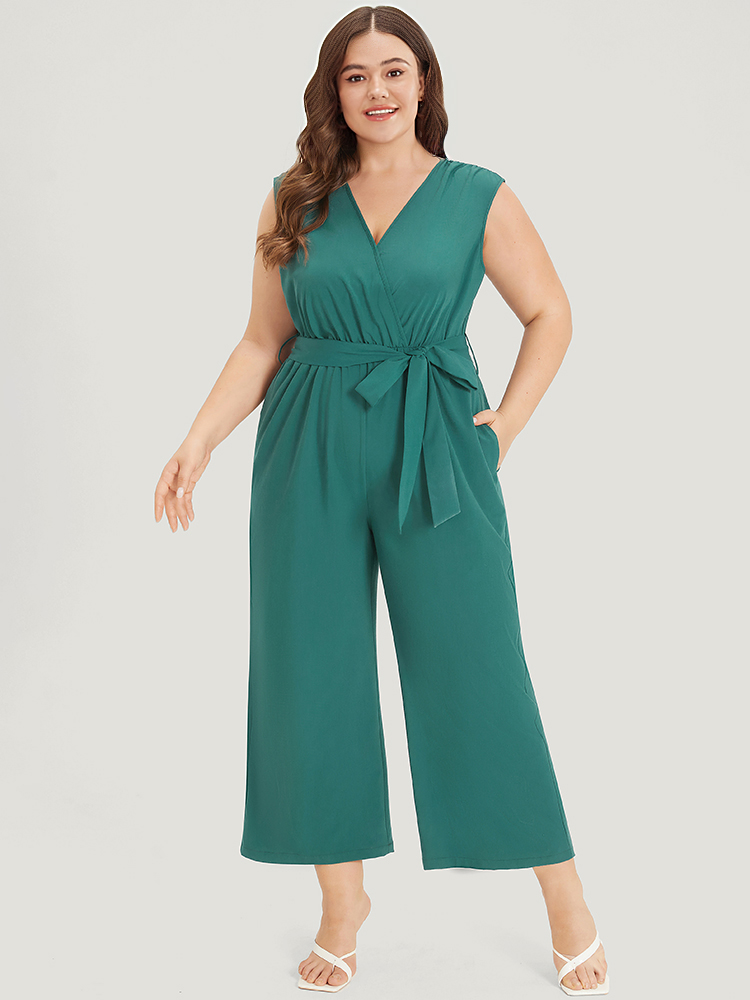 Plus Size Women Dailywear Plain Wrap Regular Pocket Belt Elegant Jumpsuits BloomChic 