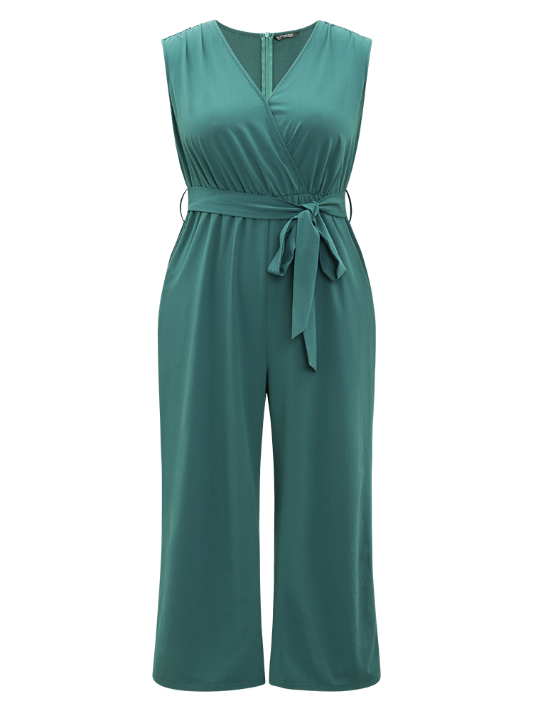 Plus Size Women Dailywear Plain Wrap Regular Pocket Belt Elegant Jumpsuits BloomChic 