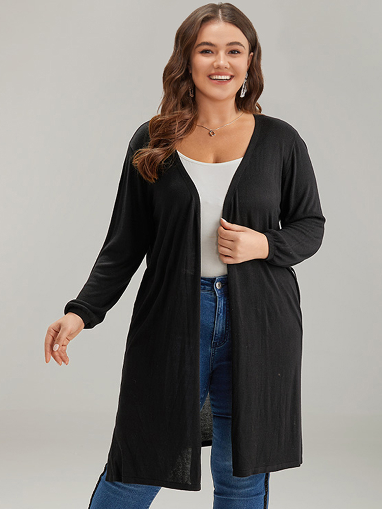 

Plus Size Supersoft Essentials Ties Open Front Split Side Cardigan Black Women Casual Loose Long Sleeve Everyday Cardigans BloomChic