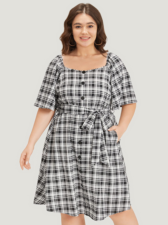 

Plus Size Plaid Belted Pocket Button Detail Square Neck Dress Black Women Office Belted Square Neck Short sleeve Curvy Midi Dress BloomChic