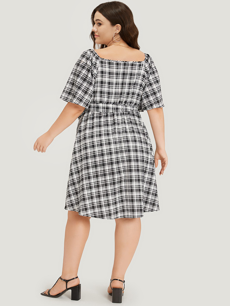 

Plus Size Plaid Belted Pocket Button Detail Square Neck Dress Black Women Office Belted Square Neck Short sleeve Curvy Midi Dress BloomChic