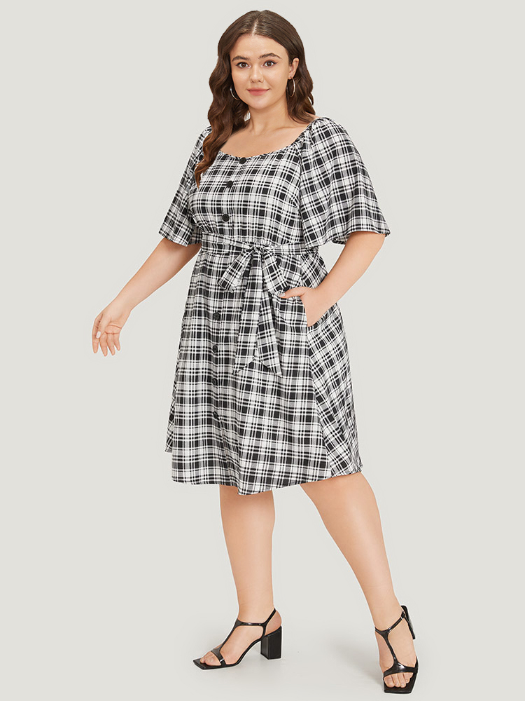 Plus Size Women Work Gingham Belted Regular Sleeve Short sleeve Square Neck Pocket Belt Office Dresses BloomChic 