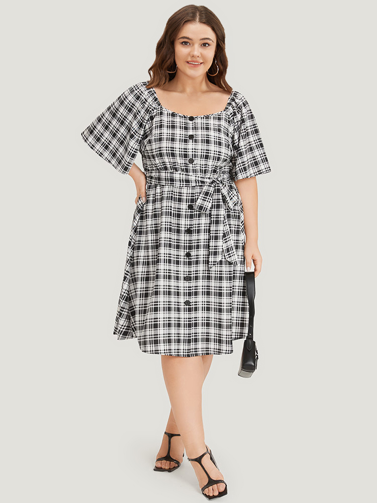 Plus Size Women Work Gingham Belted Regular Sleeve Short sleeve Square Neck Pocket Belt Office Dresses BloomChic 