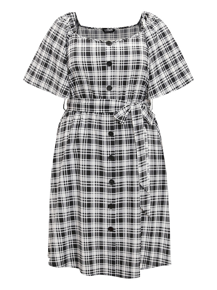 Plus Size Women Work Gingham Belted Regular Sleeve Short sleeve Square Neck Pocket Belt Office Dresses BloomChic 