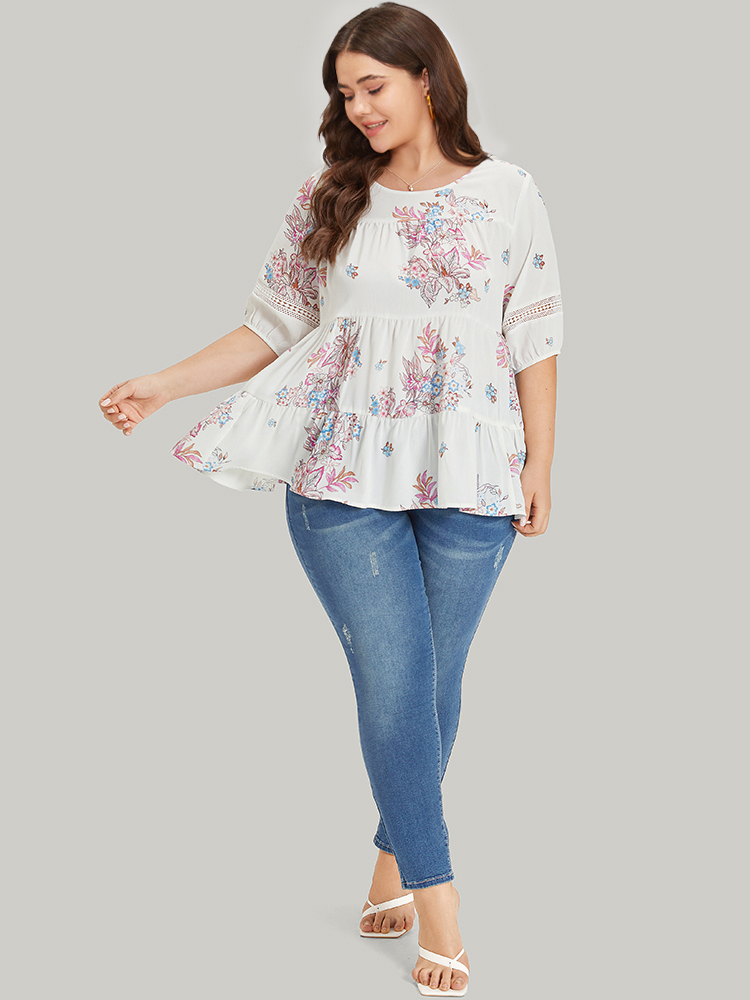 

Plus Size White Floral Print Patchwork Ruffle Layered Hem Lantern Sleeve Blouse Women Elegant Half Sleeve Round Neck Dailywear Blouses BloomChic