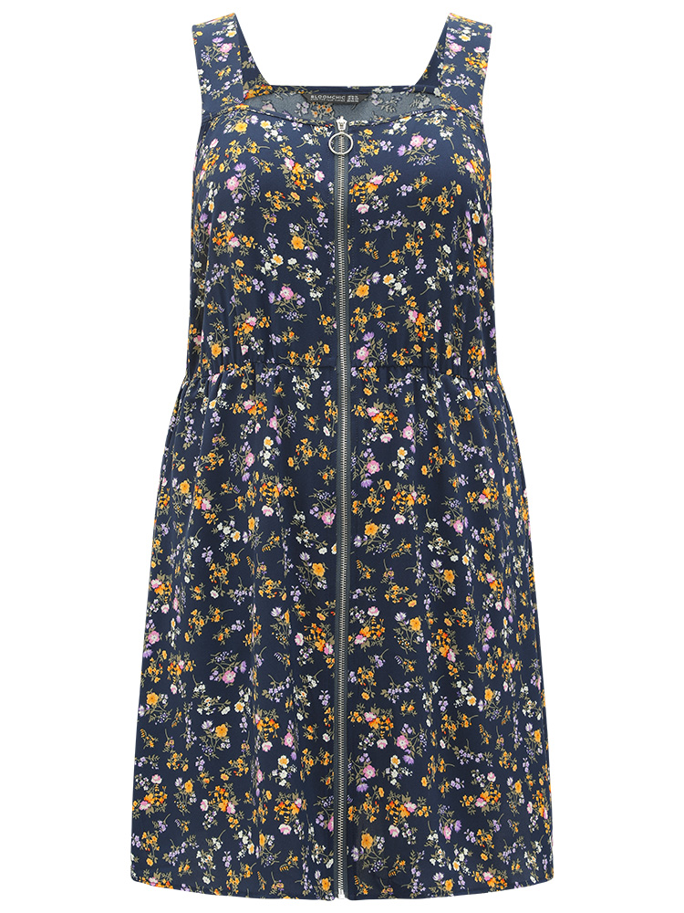 Plus Size Ditsy Floral Pocket Zipper Overall Cami Dress Navy Women Casual Zipper Spaghetti Strap Sleeveless Curvy Knee Dress BloomChic 28/5X 
