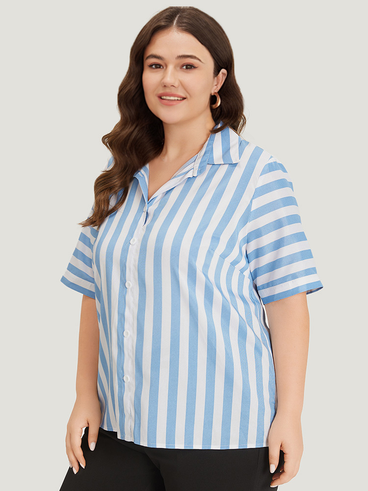 Plus Size Women Work Striped Regular Sleeve Half Sleeve Shirt collar Vacation Blouses BloomChic 