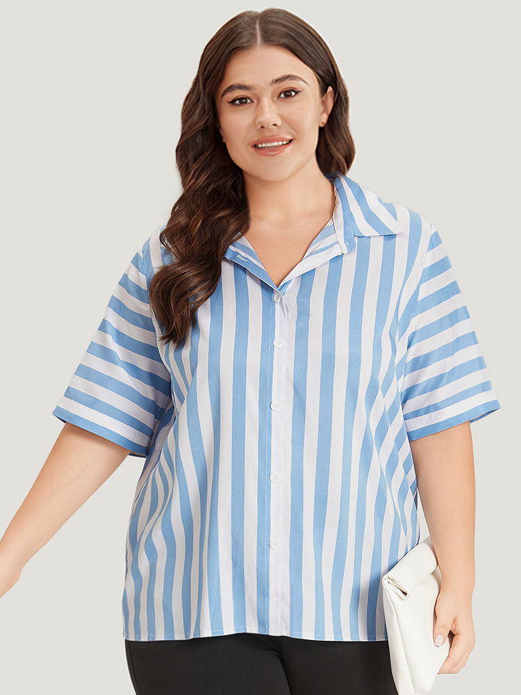 Plus Size Women Work Striped Regular Sleeve Half Sleeve Shirt collar Vacation Blouses BloomChic 