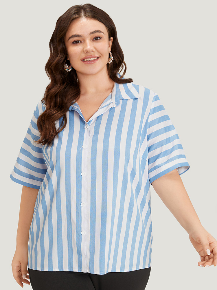 

Plus Size Multicolor Striped Shirt Collar Button Through Blouse Women Vacation Half Sleeve Shirt collar Work Blouses BloomChic