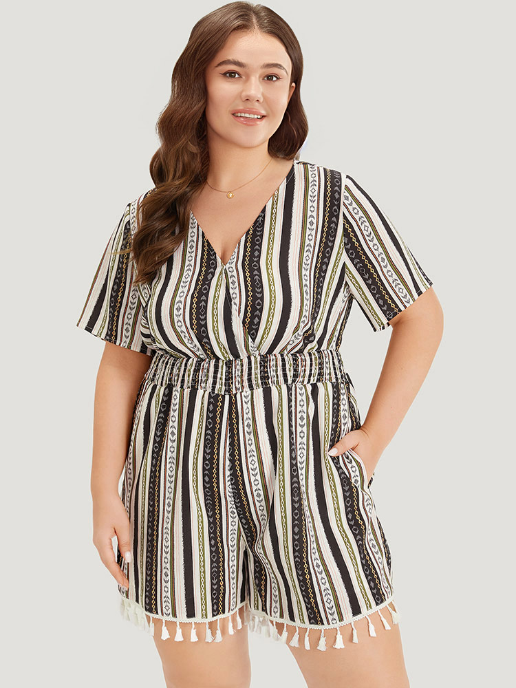 Plus Size Multicolor Boho Print Shirred Cut Out Tassel Trim Romper Women Elegant Short sleeve V-neck Dailywear Loose Jumpsuits BloomChic 22-24/3X 
