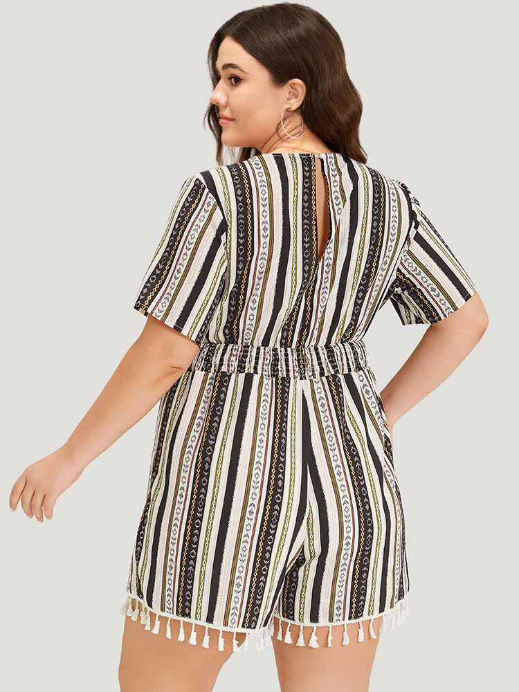 Plus Size Multicolor Boho Print Shirred Cut Out Tassel Trim Romper Women Elegant Short sleeve V-neck Dailywear Loose Jumpsuits BloomChic 22-24/3X 
