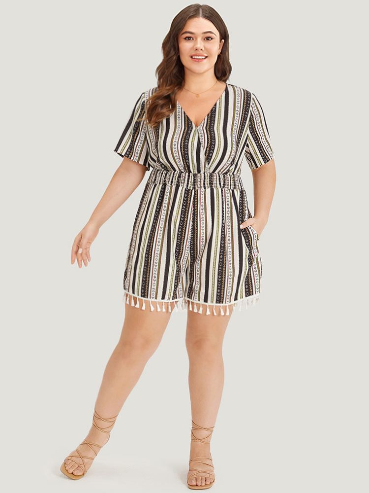 Plus Size Multicolor Boho Print Shirred Cut Out Tassel Trim Romper Women Elegant Short sleeve V-neck Dailywear Loose Jumpsuits BloomChic 22-24/3X 