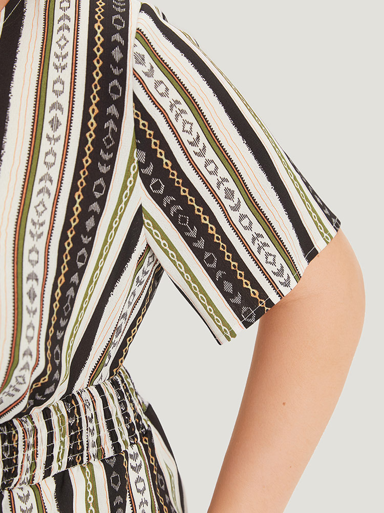 Plus Size Multicolor Boho Print Shirred Cut Out Tassel Trim Romper Women Elegant Short sleeve V-neck Dailywear Loose Jumpsuits BloomChic 22-24/3X 