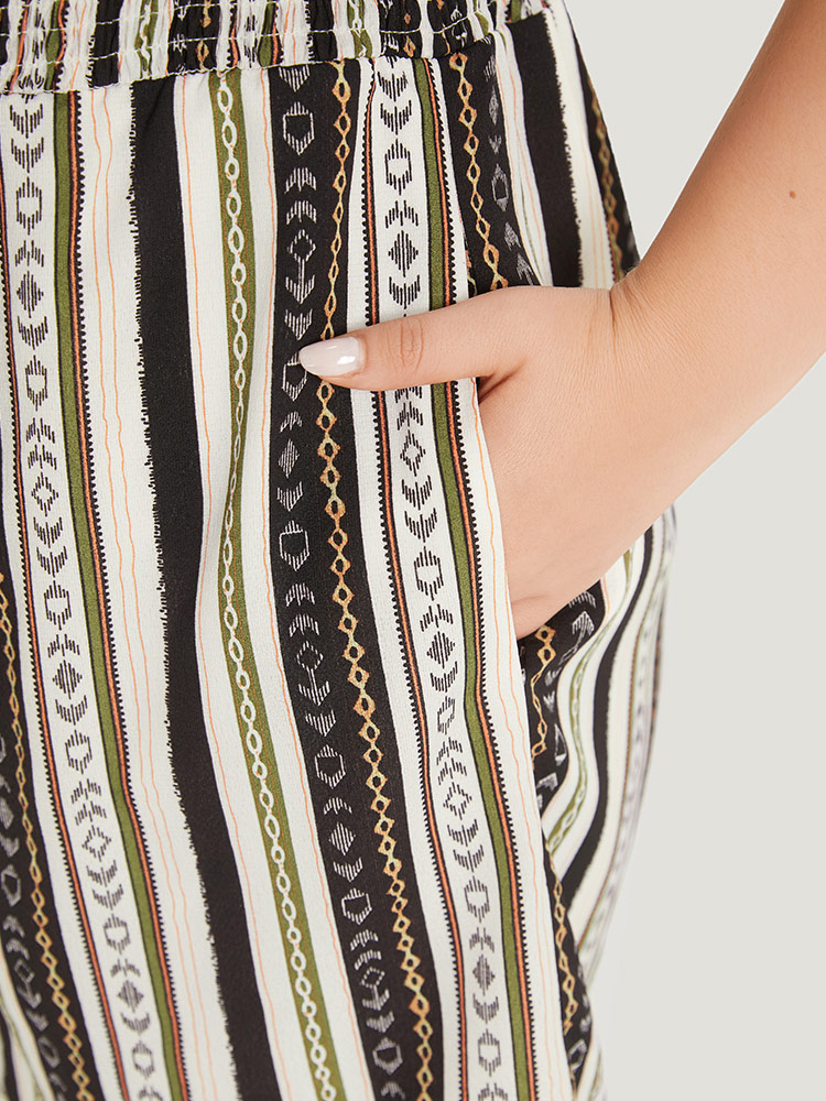 Plus Size Multicolor Boho Print Shirred Cut Out Tassel Trim Romper Women Elegant Short sleeve V-neck Dailywear Loose Jumpsuits BloomChic 22-24/3X 