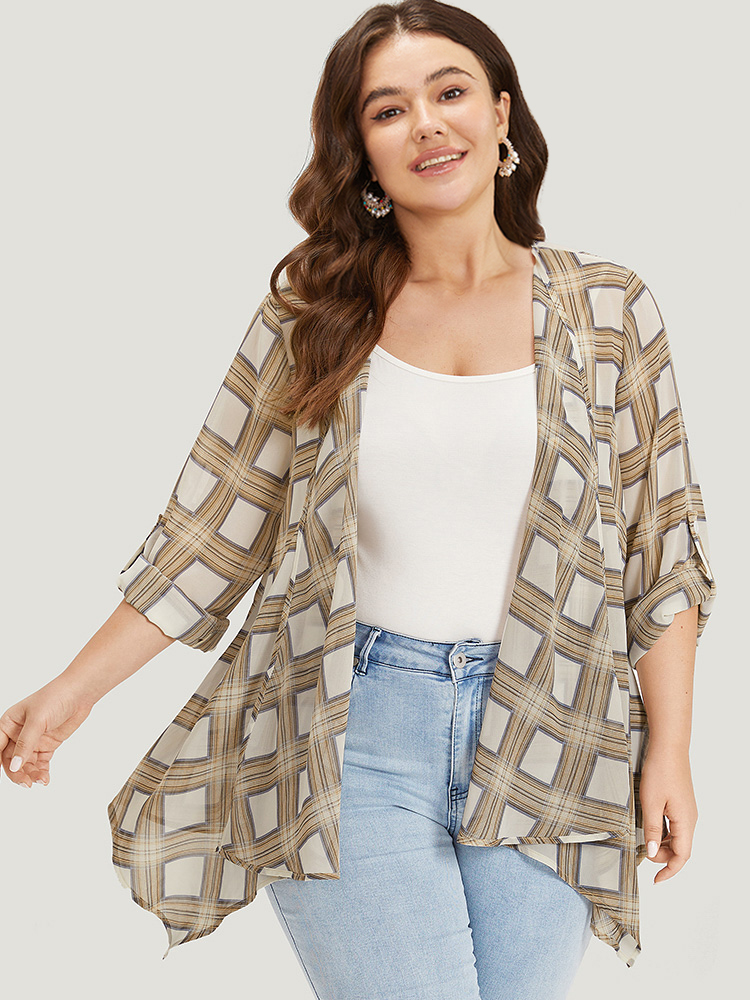 

Plus Size Plaid Asymmetrical Hem Tab Sleeve Kimono Women White Vacation Button Loose Dailywear Kimonos BloomChic