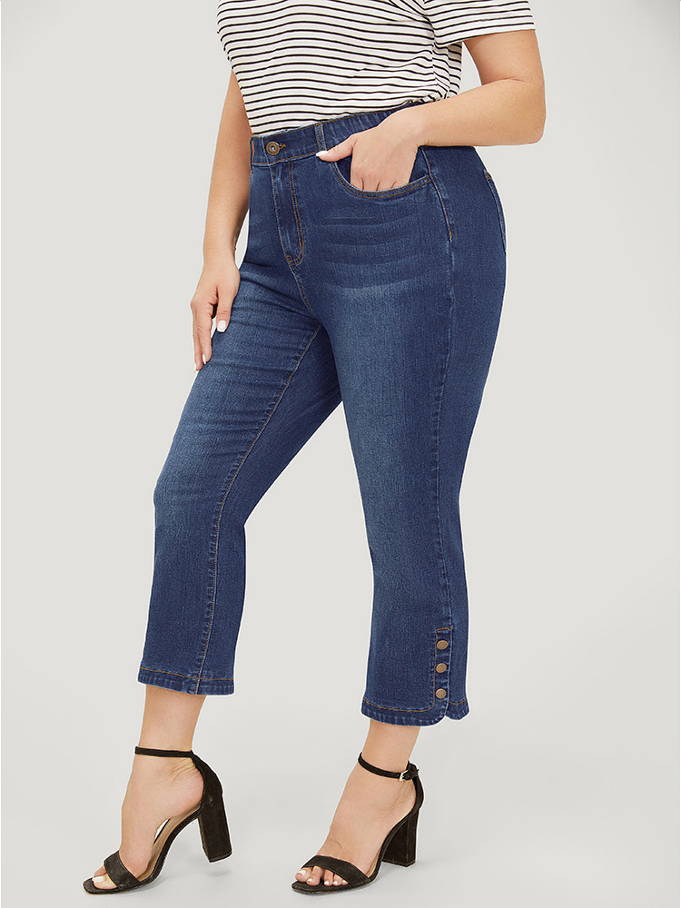 

Plus Size Bootcut Very Stretchy High Rise Dark Wash Button Side Jeans Women DarkBlue Casual Plain Button High stretch Pocket Jeans BloomChic