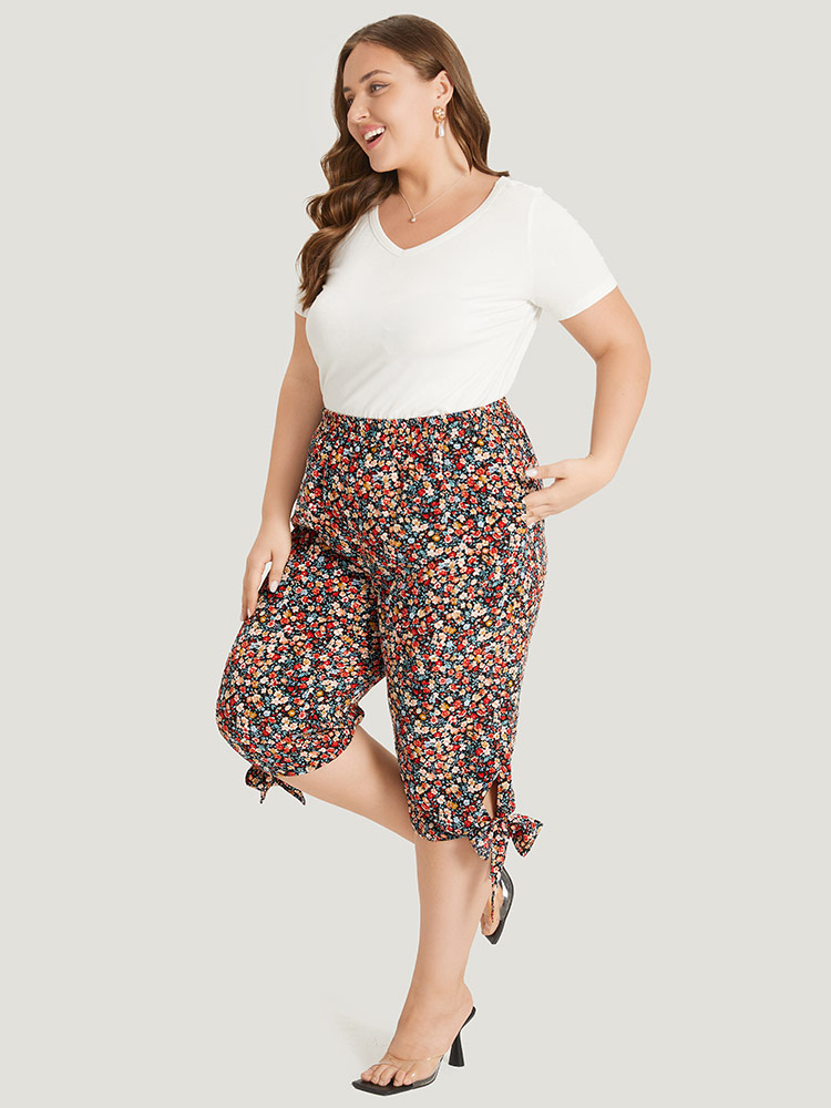 

Plus Size Ditsy Floral Pocket Elastic Waist Twist Hem Pants Women Multicolor Elegant High Rise Dailywear Pants BloomChic