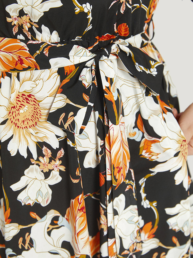 Plus Size Floral Print Mesh Pocket Belted Patchwork Dress Black Women Glamour Belted V-neck Short sleeve Curvy Knee Dress BloomChic 18-20/2X 