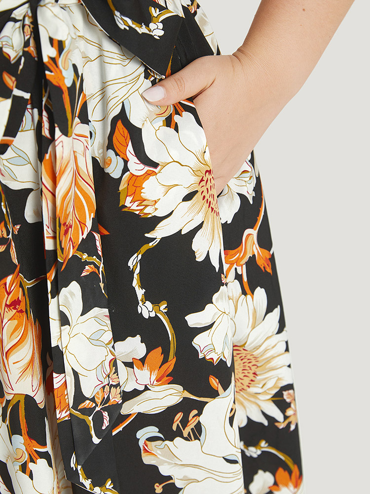 Plus Size Floral Print Mesh Pocket Belted Patchwork Dress Black Women Glamour Belted V-neck Short sleeve Curvy Knee Dress BloomChic 18-20/2X 