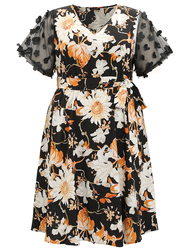 Plus Size Floral Print Mesh Pocket Belted Patchwork Dress Black Women Glamour Belted V-neck Short sleeve Curvy Knee Dress BloomChic 18-20/2X 