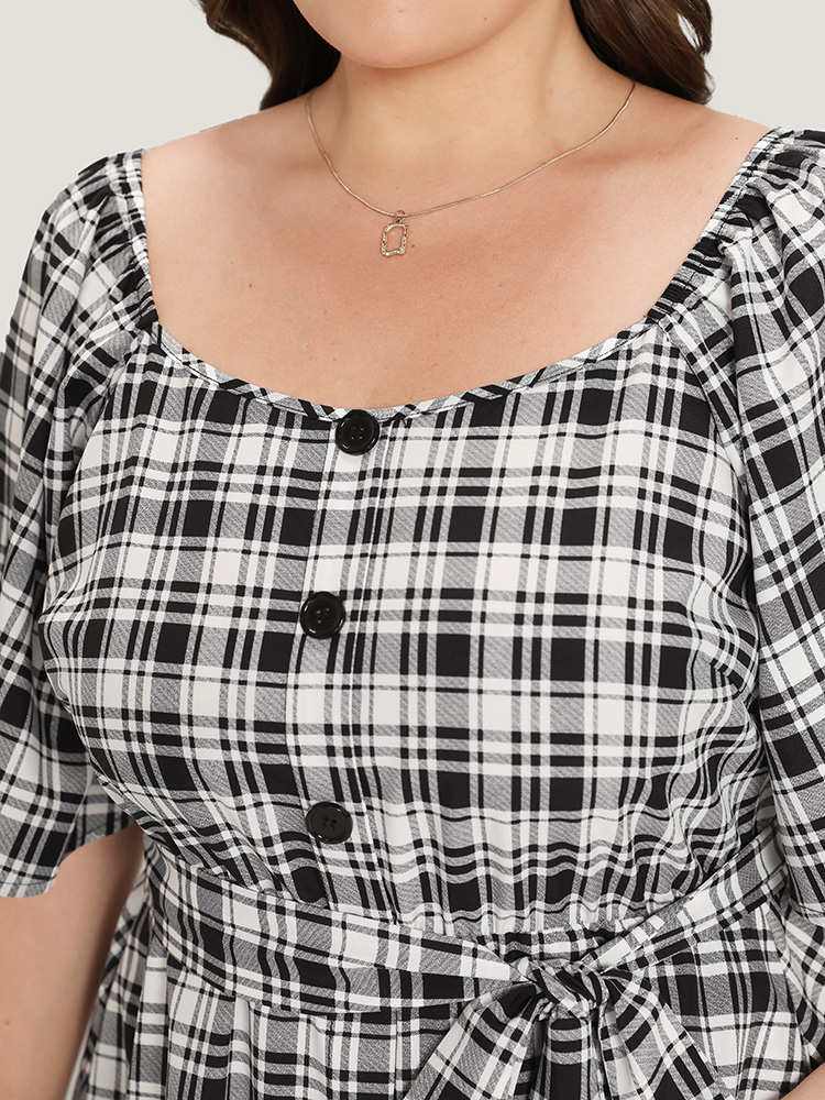 Plus Size Women Work Gingham Belted Regular Sleeve Short sleeve Square Neck Pocket Belt Office Dresses BloomChic 