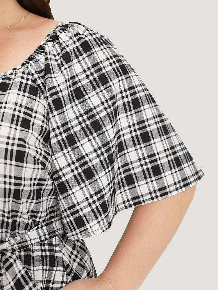 Plus Size Women Work Gingham Belted Regular Sleeve Short sleeve Square Neck Pocket Belt Office Dresses BloomChic 
