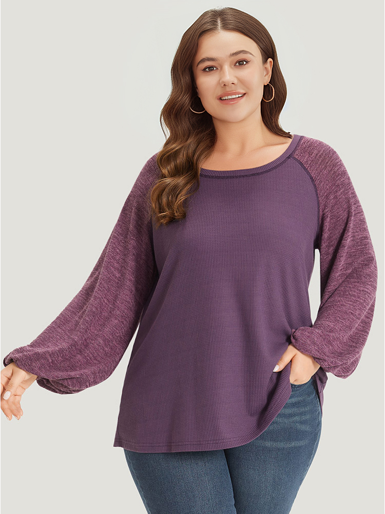 Plus Size Contrast Patchwork Heather Lantern Sleeve Sweatshirt Women Purple Casual Patchwork Round Neck Dailywear Sweatshirts BloomChic 10/M 