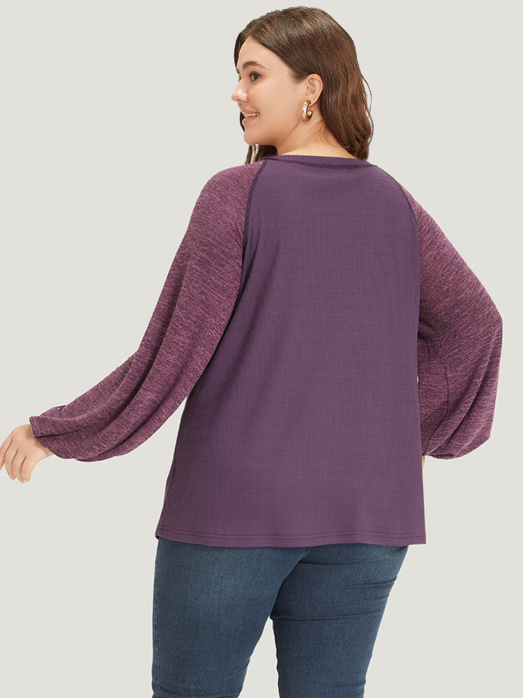 Plus Size Contrast Patchwork Heather Lantern Sleeve Sweatshirt Women Purple Casual Patchwork Round Neck Dailywear Sweatshirts BloomChic 10/M 