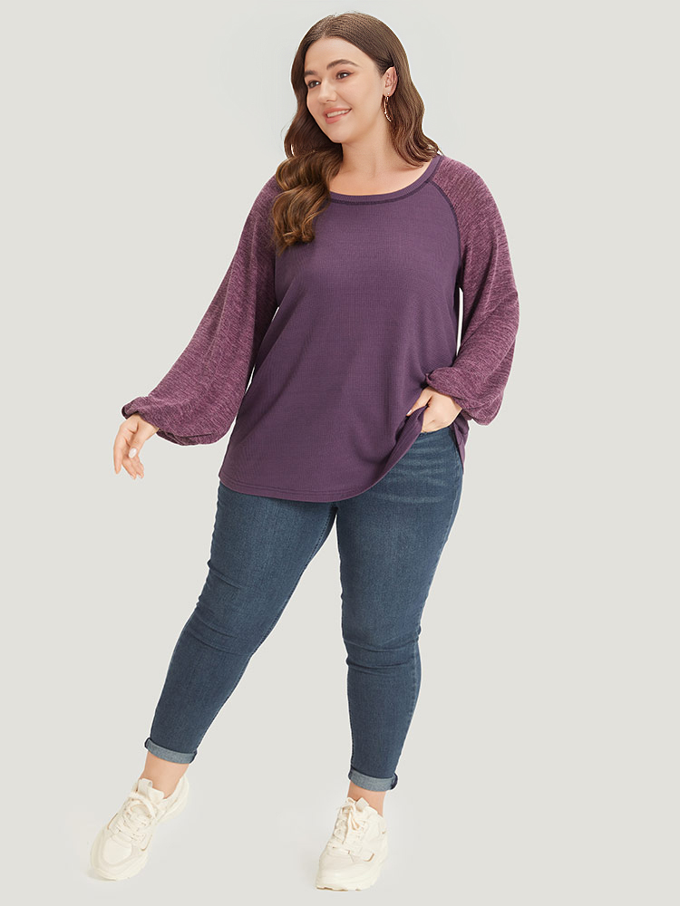 Plus Size Contrast Patchwork Heather Lantern Sleeve Sweatshirt Women Purple Casual Patchwork Round Neck Dailywear Sweatshirts BloomChic 10/M 