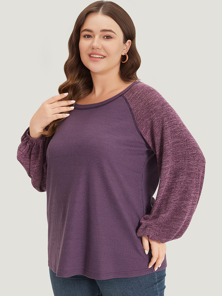 Plus Size Contrast Patchwork Heather Lantern Sleeve Sweatshirt Women Purple Casual Patchwork Round Neck Dailywear Sweatshirts BloomChic 10/M 