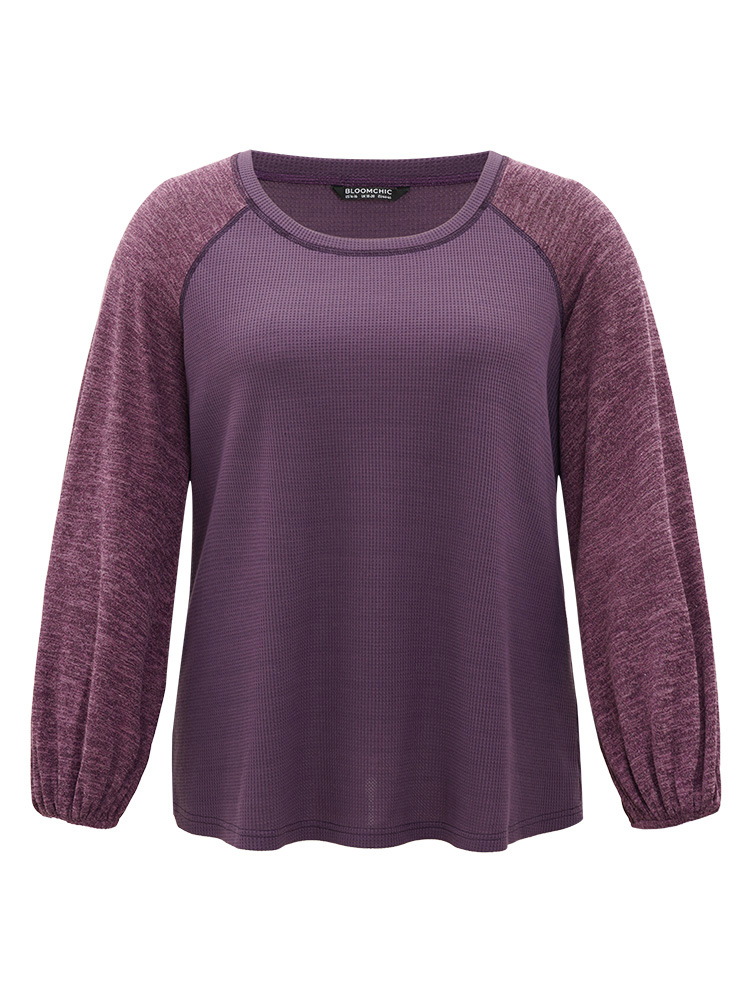 Plus Size Contrast Patchwork Heather Lantern Sleeve Sweatshirt Women Purple Casual Patchwork Round Neck Dailywear Sweatshirts BloomChic 10/M 