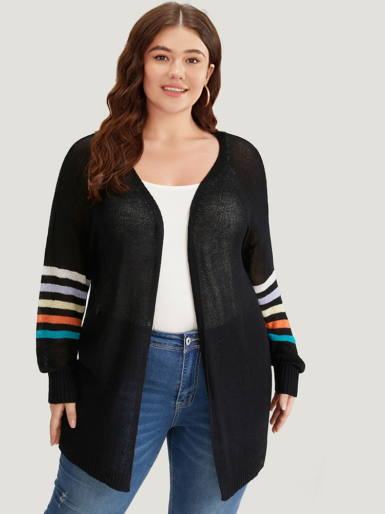 

Plus Size Rainbow Striped Open Front Drop Shoulder Cardigan Black Women Casual Loose Long Sleeve Dailywear Cardigans BloomChic