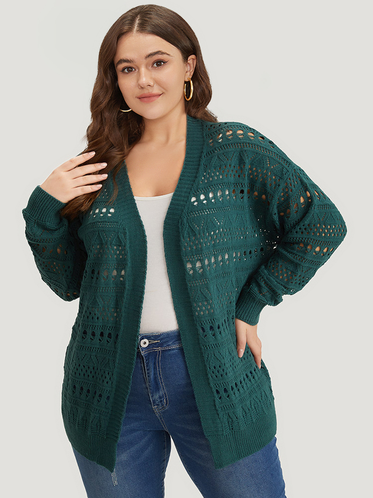 

Plus Size Geometric Eyelet Open Front Loose Cardigan Cyan Women Casual Loose Long Sleeve Work Cardigans BloomChic