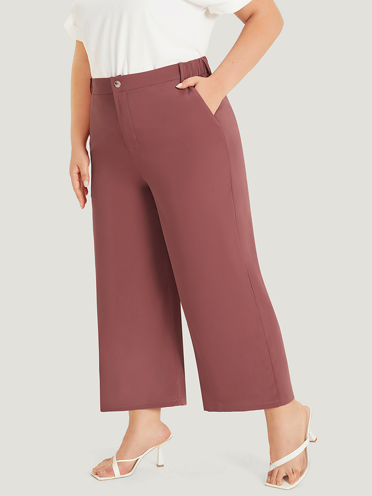 Plus Size Women Work Plain Elastic Waist High Rise Office Pants BloomChic 