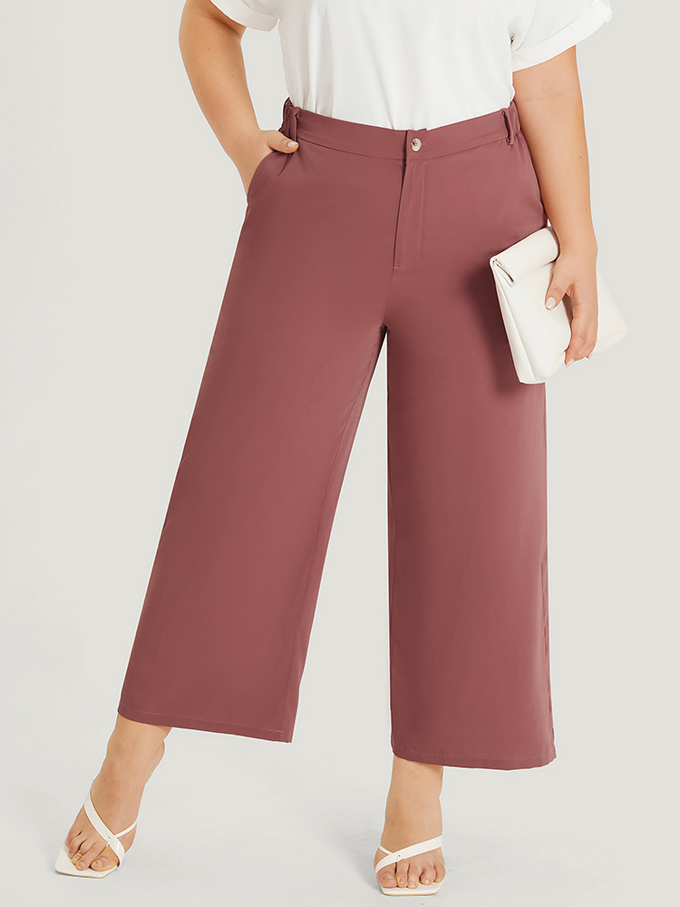 Plus Size Women Work Plain Elastic Waist High Rise Office Pants BloomChic 