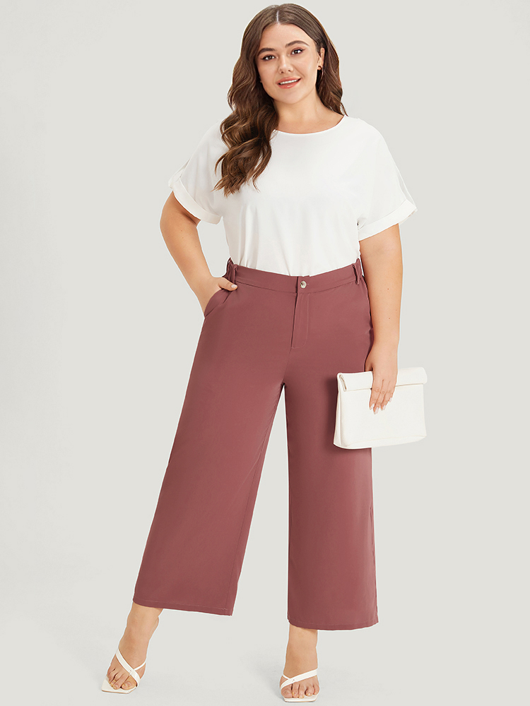 Plus Size Women Work Plain Elastic Waist High Rise Office Pants BloomChic 