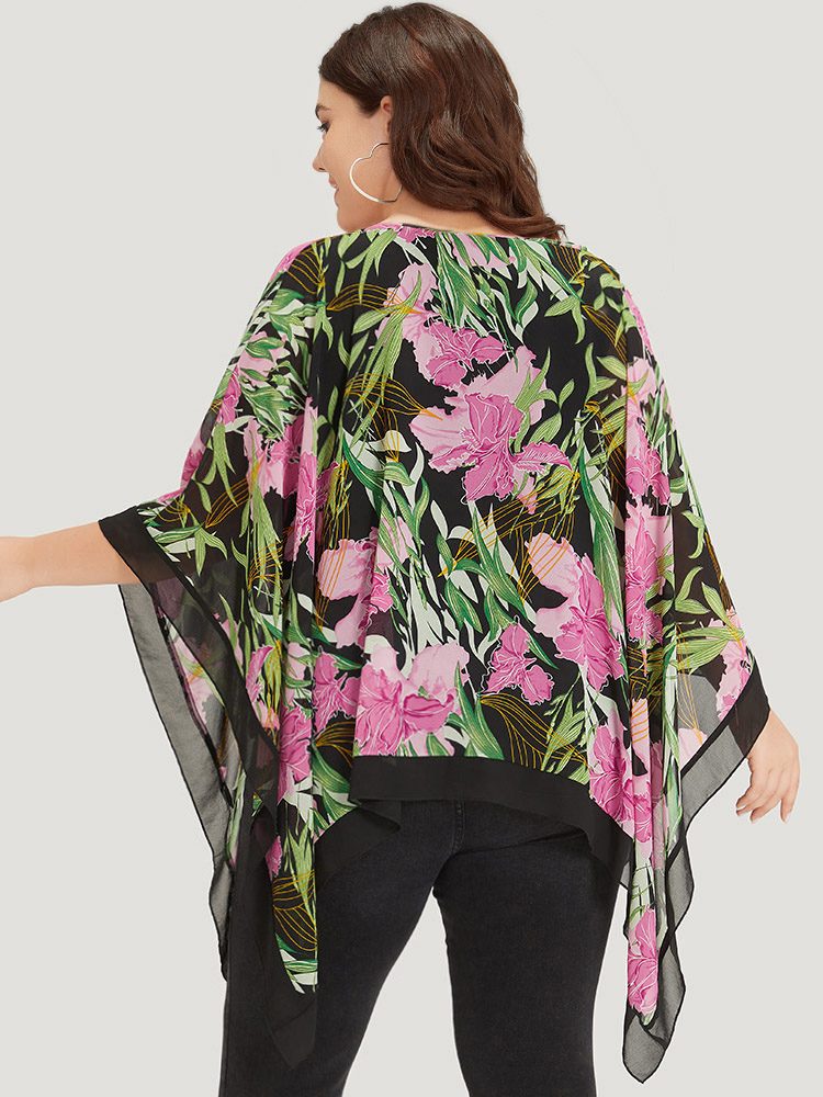 

Plus Size Multicolor Floral Ties Batwing Sleeve Hanky Hem Layered Blouse Women Glamour Elbow-length sleeve Tie Neck Going out Blouses BloomChic