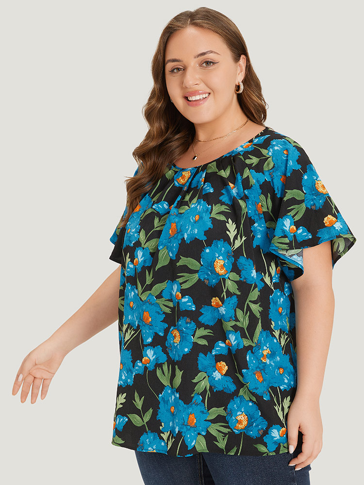 

Plus Size Black Floral Print Raglan Sleeve Pleated Flutter Blouse Women Glamour Short sleeve Round Neck Going out Blouses BloomChic