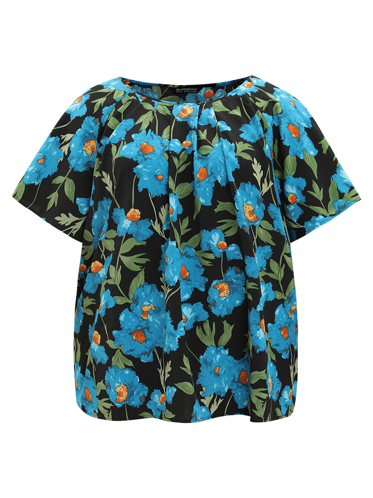 Plus Size Women Going out Floral Pleated Regular Sleeve Short sleeve Round Neck Glamour Blouses BloomChic 