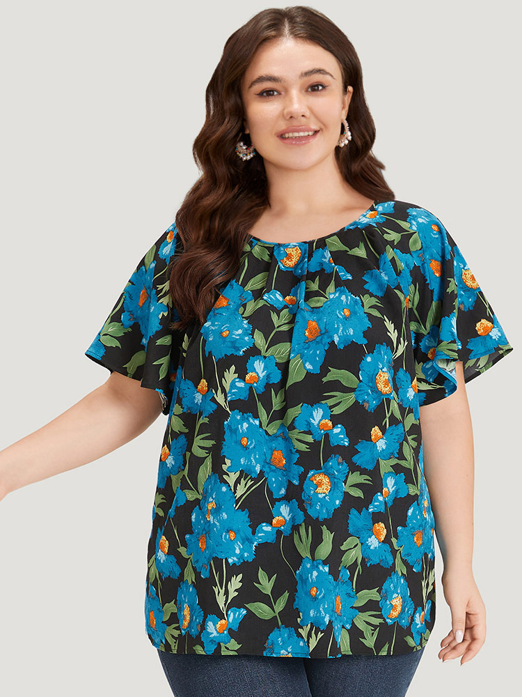 Plus Size Women Going out Floral Pleated Regular Sleeve Short sleeve Round Neck Glamour Blouses BloomChic 