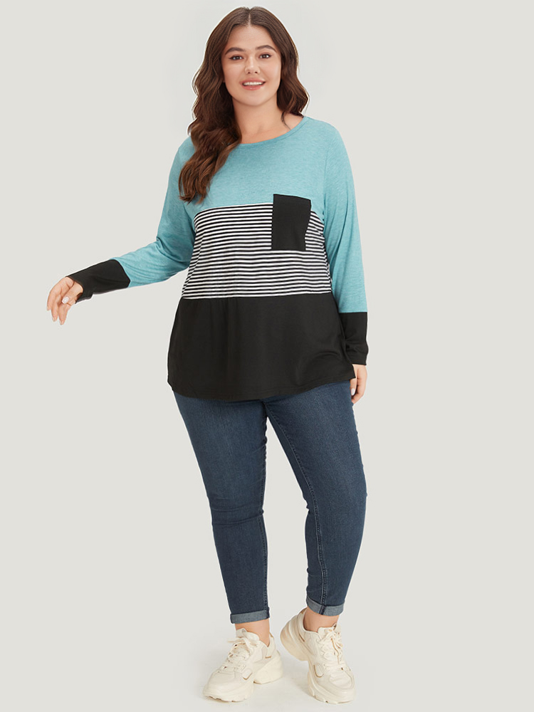 Plus Size Women Dailywear Striped Pocket Regular Sleeve Long Sleeve Round Neck Casual T-shirts BloomChic 