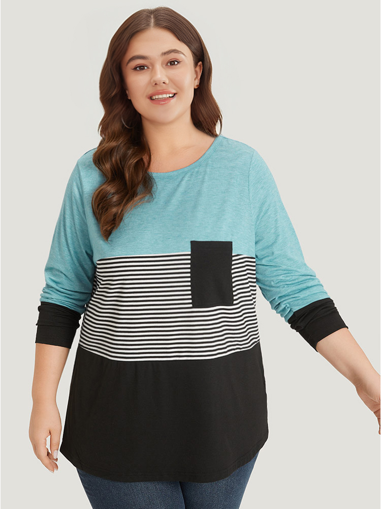 

Plus Size Striped Colorblock Contrast Patchwork Crew Neck T-shirt Multicolor Women Casual Contrast Striped Round Neck Dailywear T-shirts BloomChic