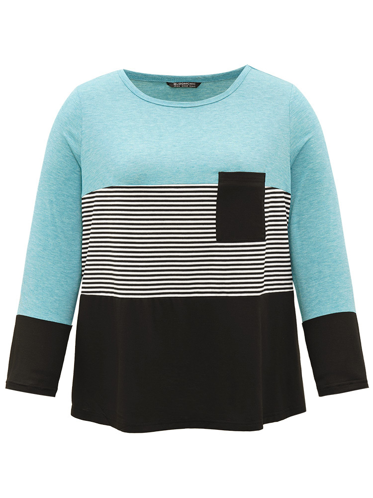Plus Size Women Dailywear Striped Pocket Regular Sleeve Long Sleeve Round Neck Casual T-shirts BloomChic 